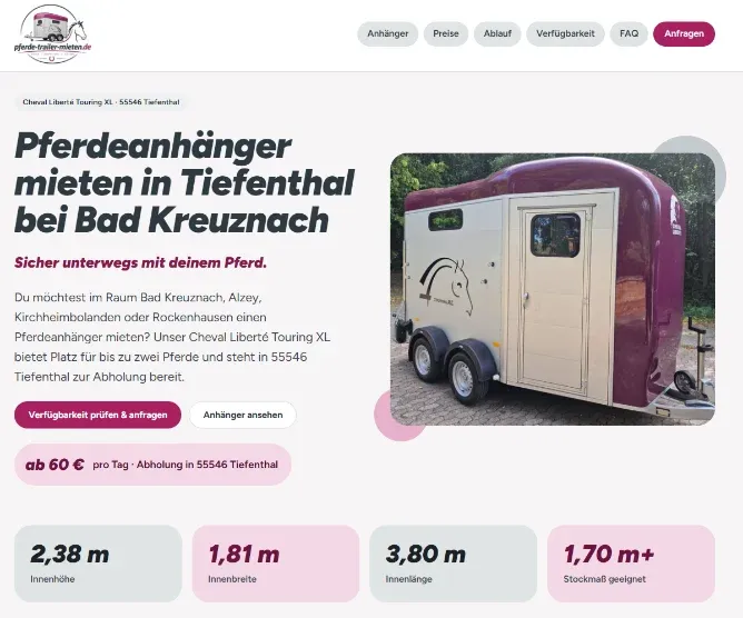 Screenshot der Vermietungsseite pferde-trailer-mieten.de